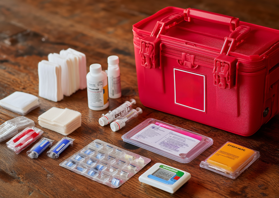 Open medical kit with supplies on wooden surface