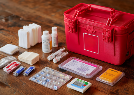 Open medical kit with supplies on wooden surface