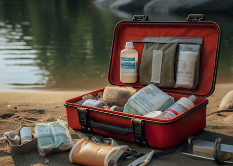 Open first aid kit with supplies near water outdoors