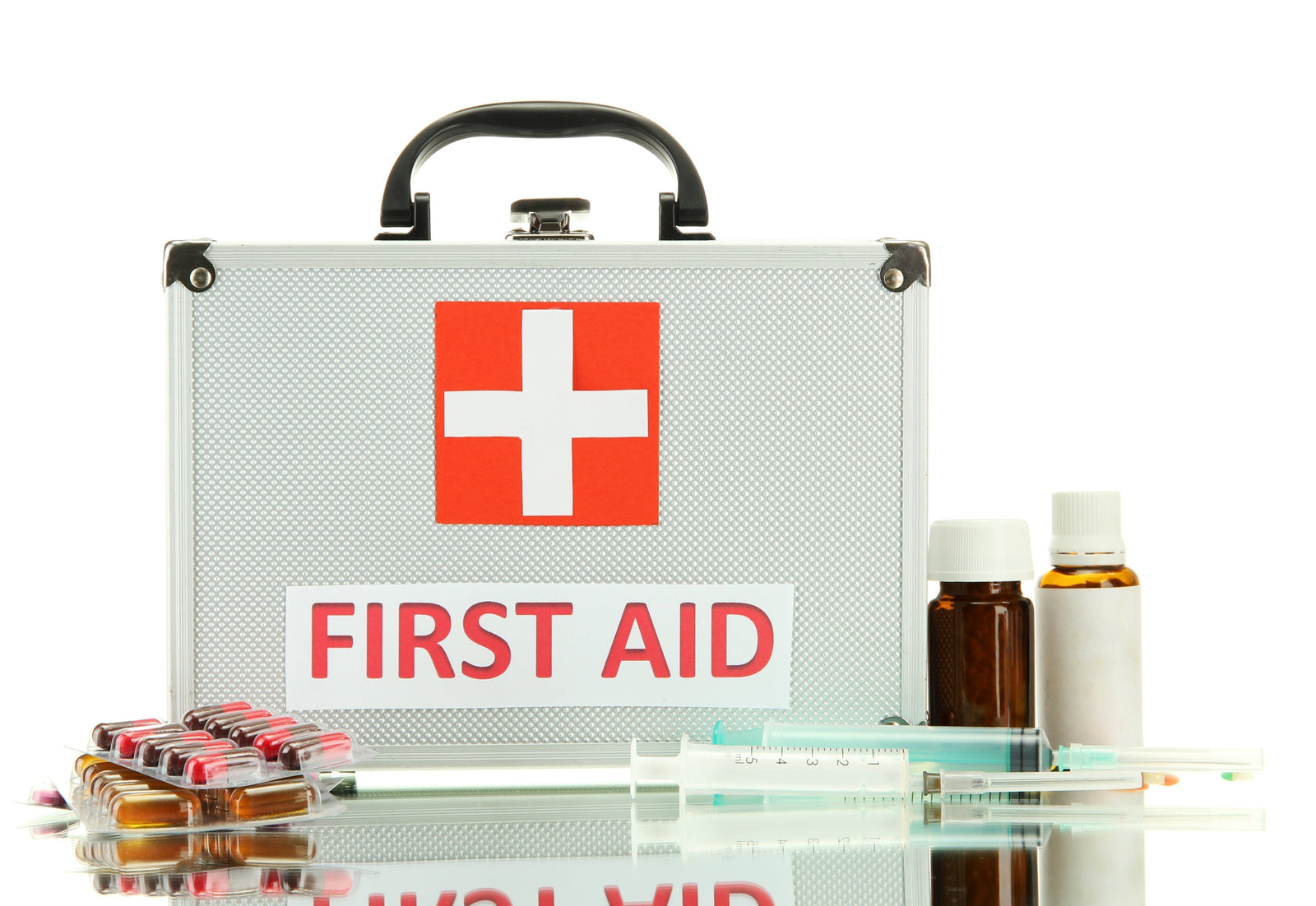 Silver first aid box with supplies