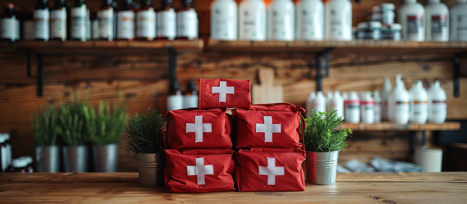 Emergency kits on wooden table