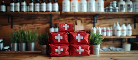 Emergency kits on wooden table