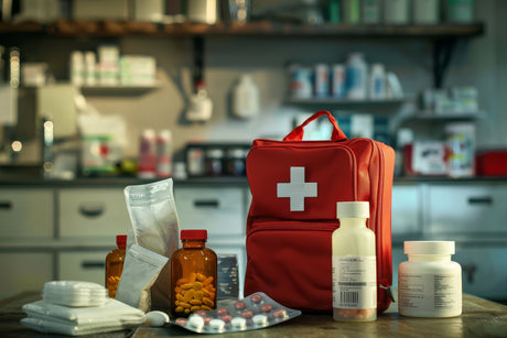 Medical supplies and first aid kit on a table