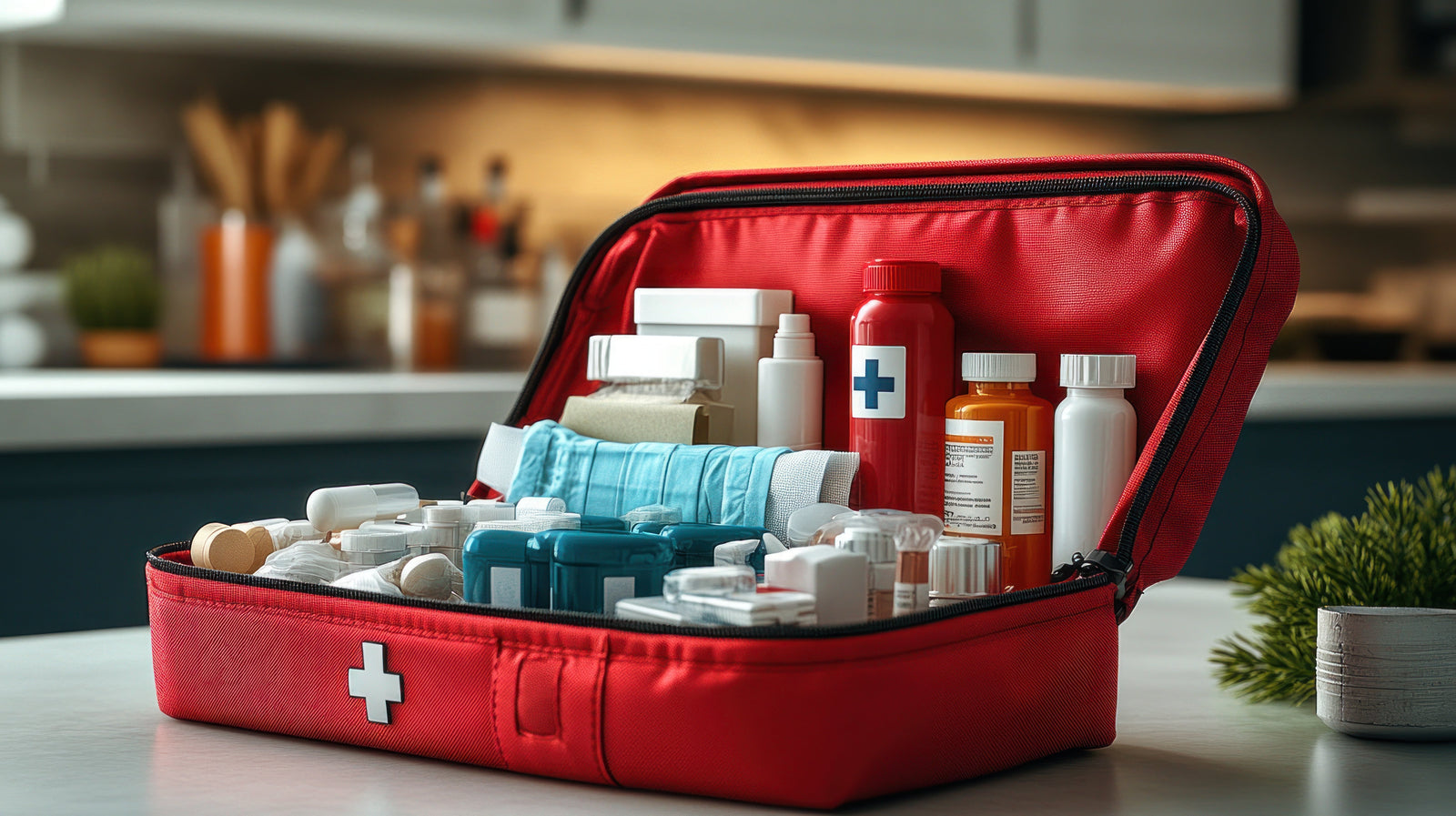 Open red first aid kit with bandages, bottles, and tape