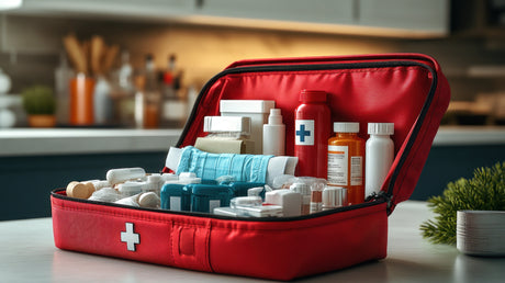 Open red first aid kit with bandages, bottles, and tape