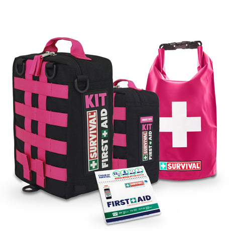 Black Friday Limited Edition Bundle (Large): First Aid KIT Large and Snake Bite KIT in black and hot pink, First Aid Emergency Handbook and pink Waterproof Dry Bag