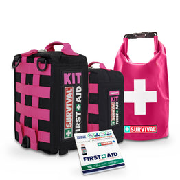 Black Friday Limited Edition Bundle (Medium): First Aid KIT Medium and Snake Bite KIT in black and hot pink, First Aid Emergency Handbook and pink Waterproof Dry Bag