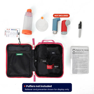 SURVIVAL Asthma KIT contents: spacer, mask, CPR card and marker. Puffers not included, shown for display only