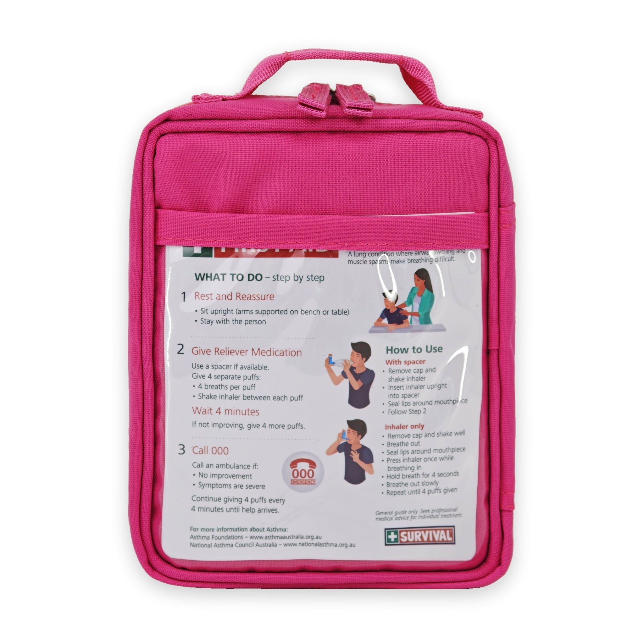 SURVIVAL Asthma KIT Hot Pink, back with asthma first aid card