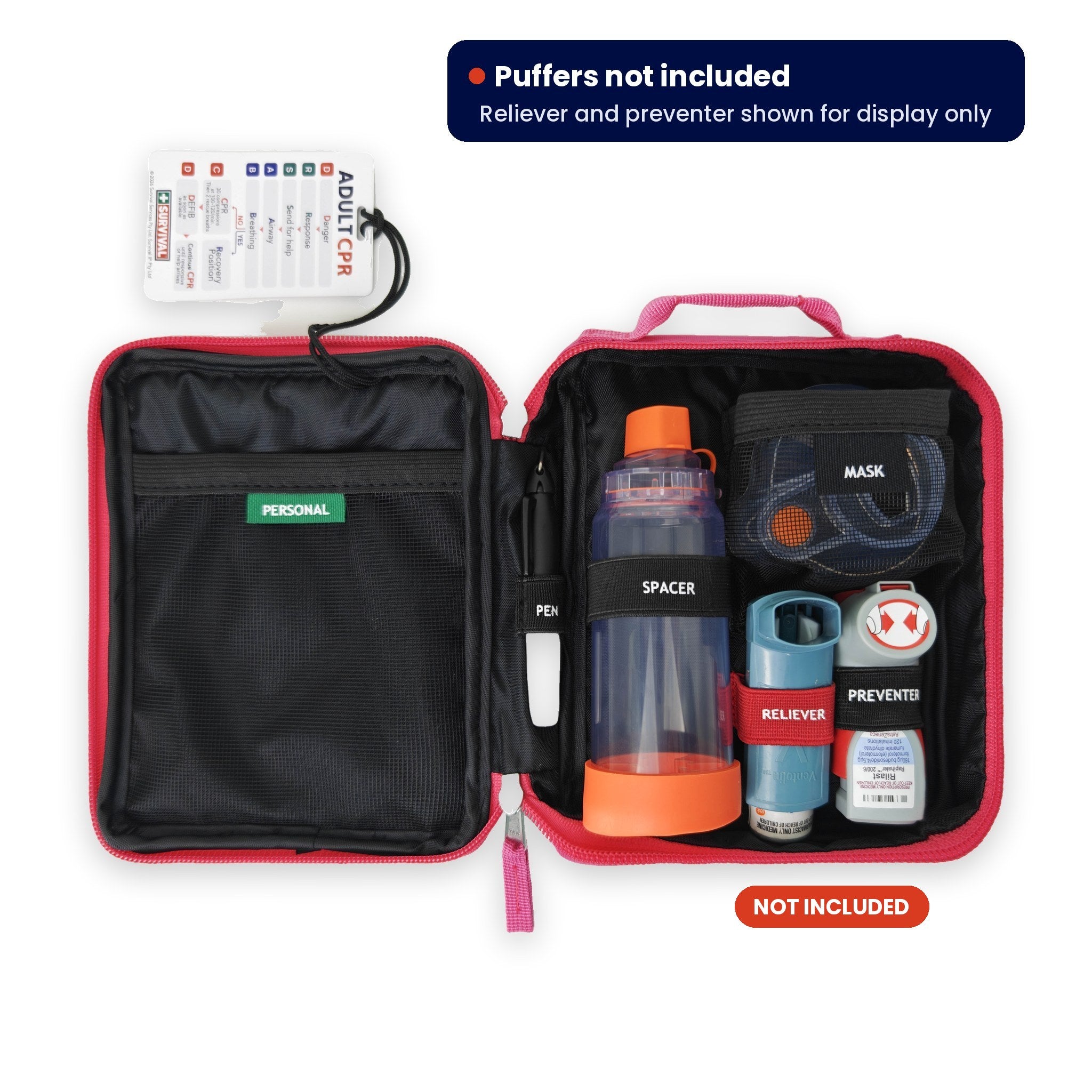 SURVIVAL Asthma KIT open, showing spacer, mask and labelled slots. Reliever and preventer puffers not included, shown for display only