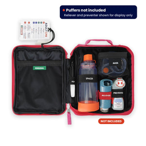 SURVIVAL Asthma KIT open, showing spacer, mask and labelled slots. Reliever and preventer puffers not included, shown for display only