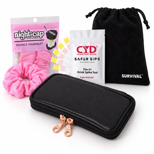 SURVIVAL Safe Night Out Bundle: Safe Night Out KIT, velvet gift bag, CYD drink spike test strips and NightCap scrunchie