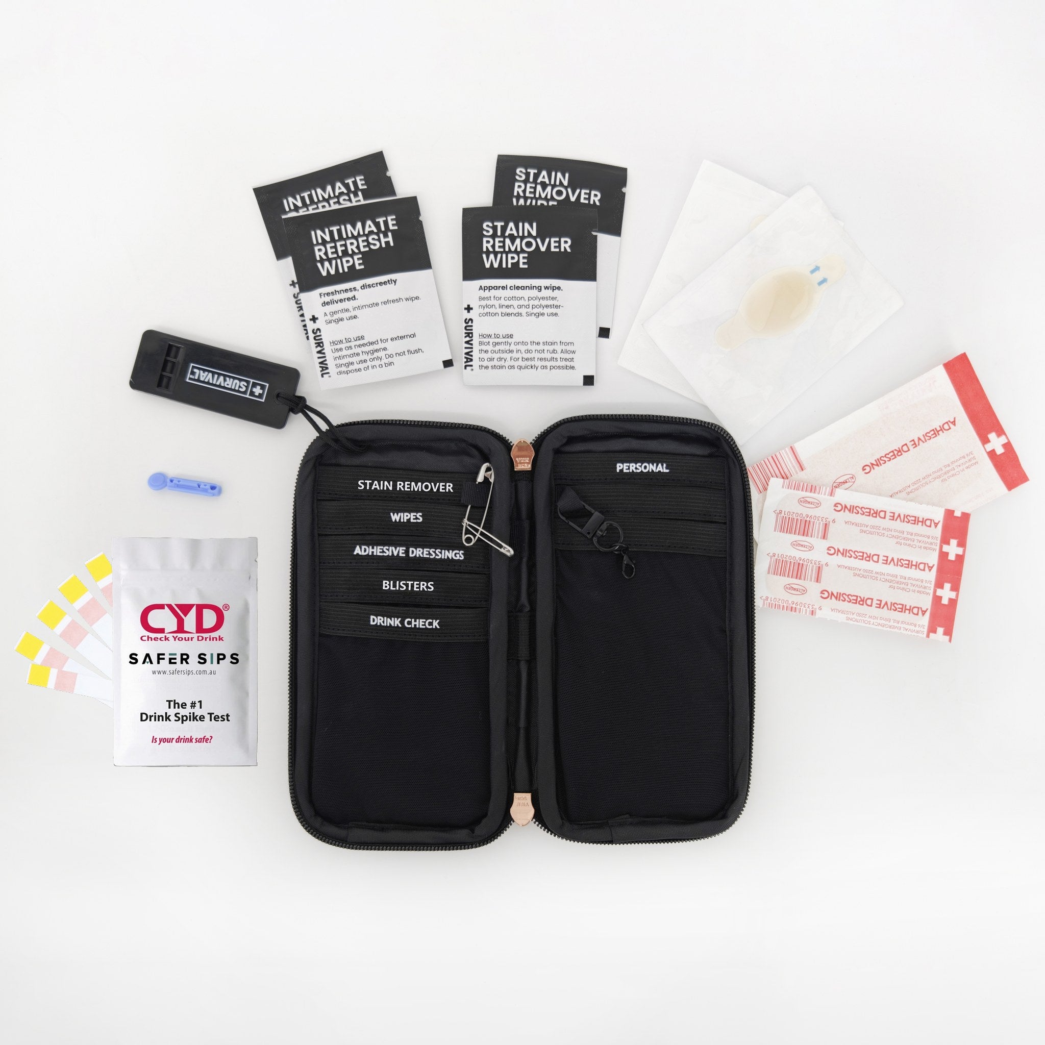 SURVIVAL Safe Night Out KIT open with contents laid out, including drink spike test strips and whistle