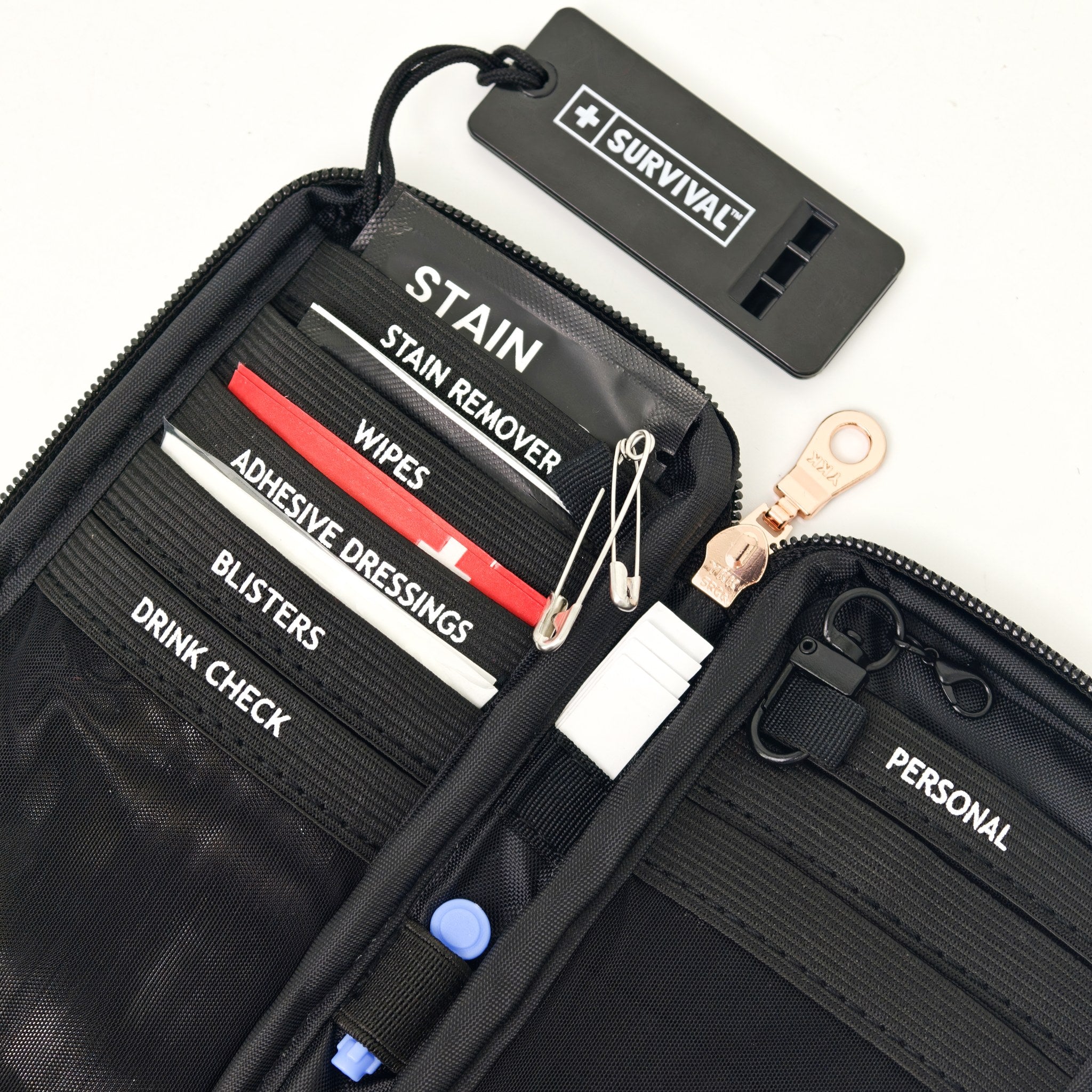 Labelled elastic loops inside the Safe Night Out KIT: Stain Remover, Wipes, Adhesive Dressings, Blisters, Drink Check