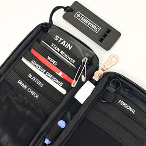 Labelled elastic loops inside the Safe Night Out KIT: Stain Remover, Wipes, Adhesive Dressings, Blisters, Drink Check