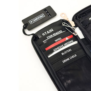 Close-up of the Safe Night Out KIT interior with whistle, safety pins and labelled loops