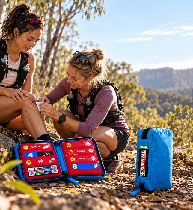 Trail runners using the SURVIVAL Trail First Aid KIT to treat a grazed knee