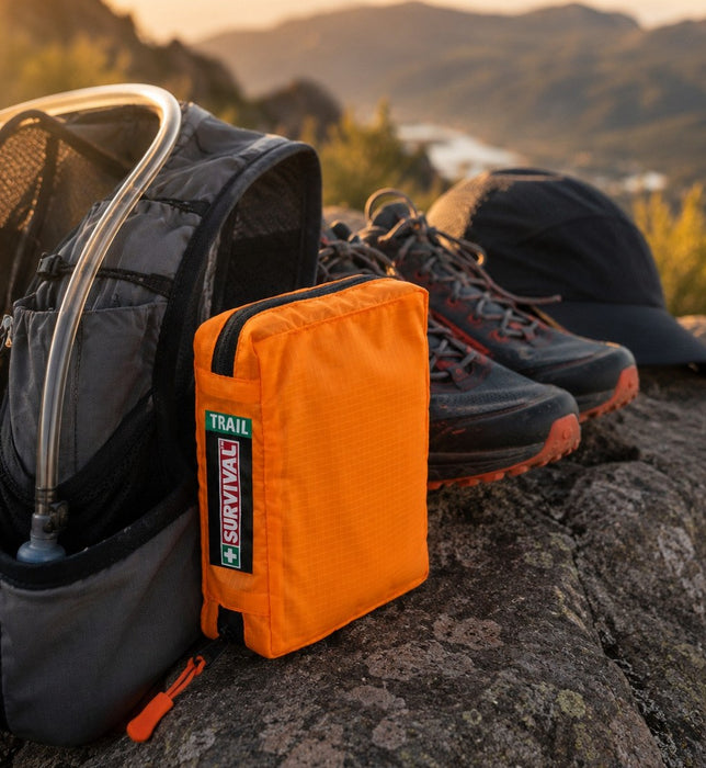SURVIVAL Trail First Aid KIT Orange beside a running vest and trail shoes