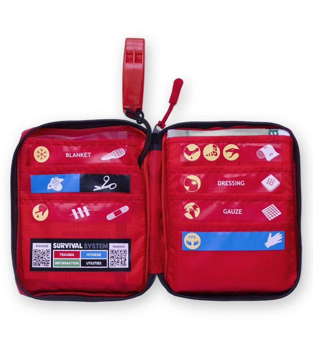 SURVIVAL Trail First Aid KIT open, showing colour-coded labelled pockets, Gen 8 pictograms and the whistle on the zip pull
