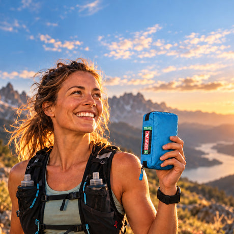 Trail runner holding the SURVIVAL Trail First Aid KIT in Tranquil Blue