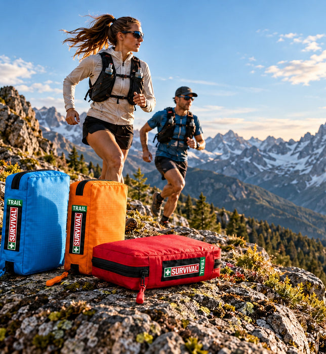 Trail runners in the mountains with SURVIVAL Trail First Aid KITs in Tranquil Blue, Orange and Red