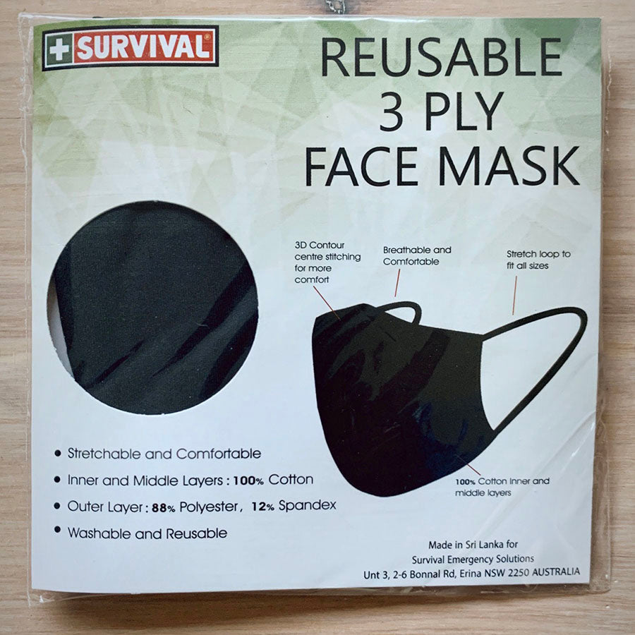 3ply Reusable, Washable Cloth Face Mask, M-L, Black - SURVIVAL