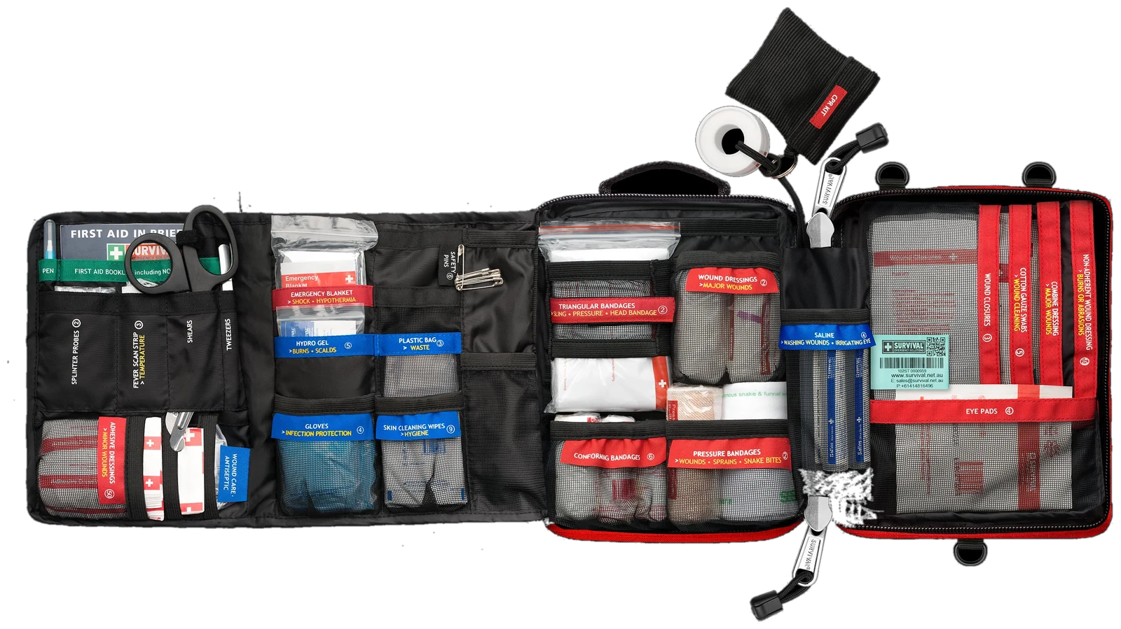 Family KIT opened up showing colour-coded compartments for trauma, hygiene, information, and utilities